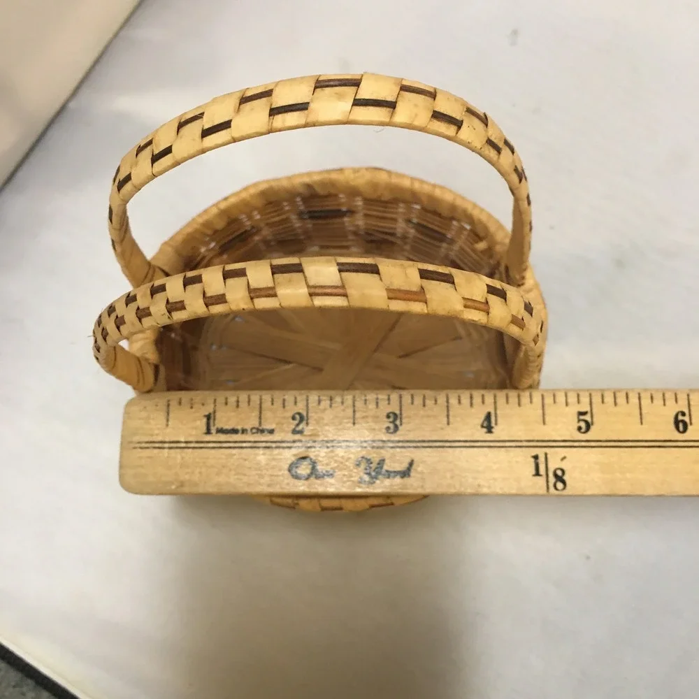 Miniature Woven Basket Small Tan Brown Dual Handle Splint Decor Cottagecore Boho